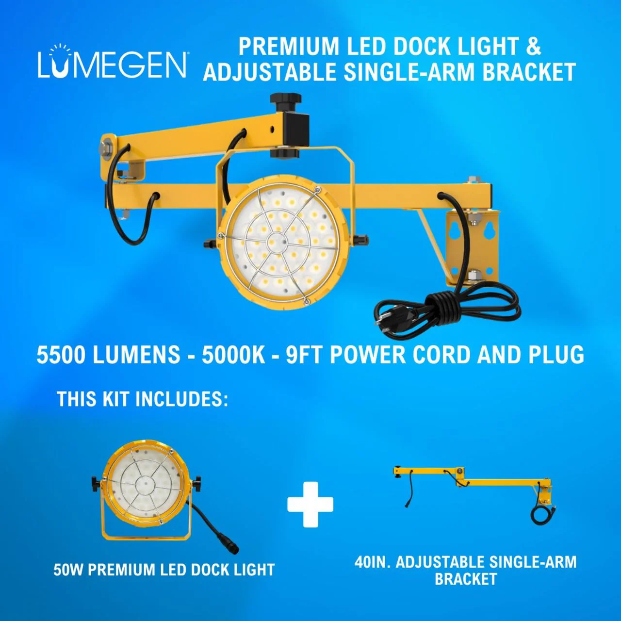 50W Premium LED Dock Light - 40in. Adjustable Single-Arm Bracket - 5500 Lumens - 5000K - 9ft Power Cord and Plug - Image 2