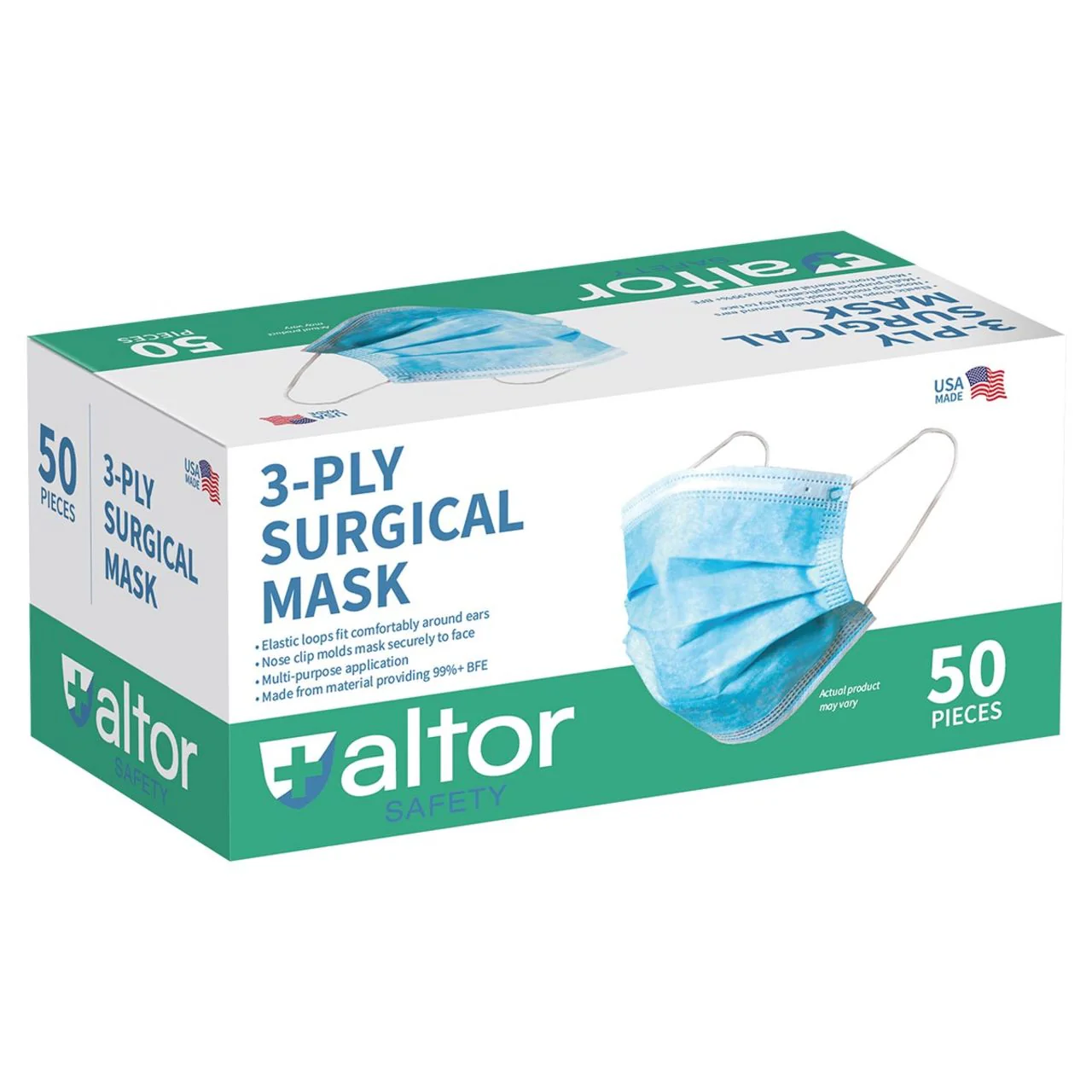 Altor Safety Surgical Mask 62222, 3-Ply ASTM Level 2, USA Made, Blue, Case of 2000