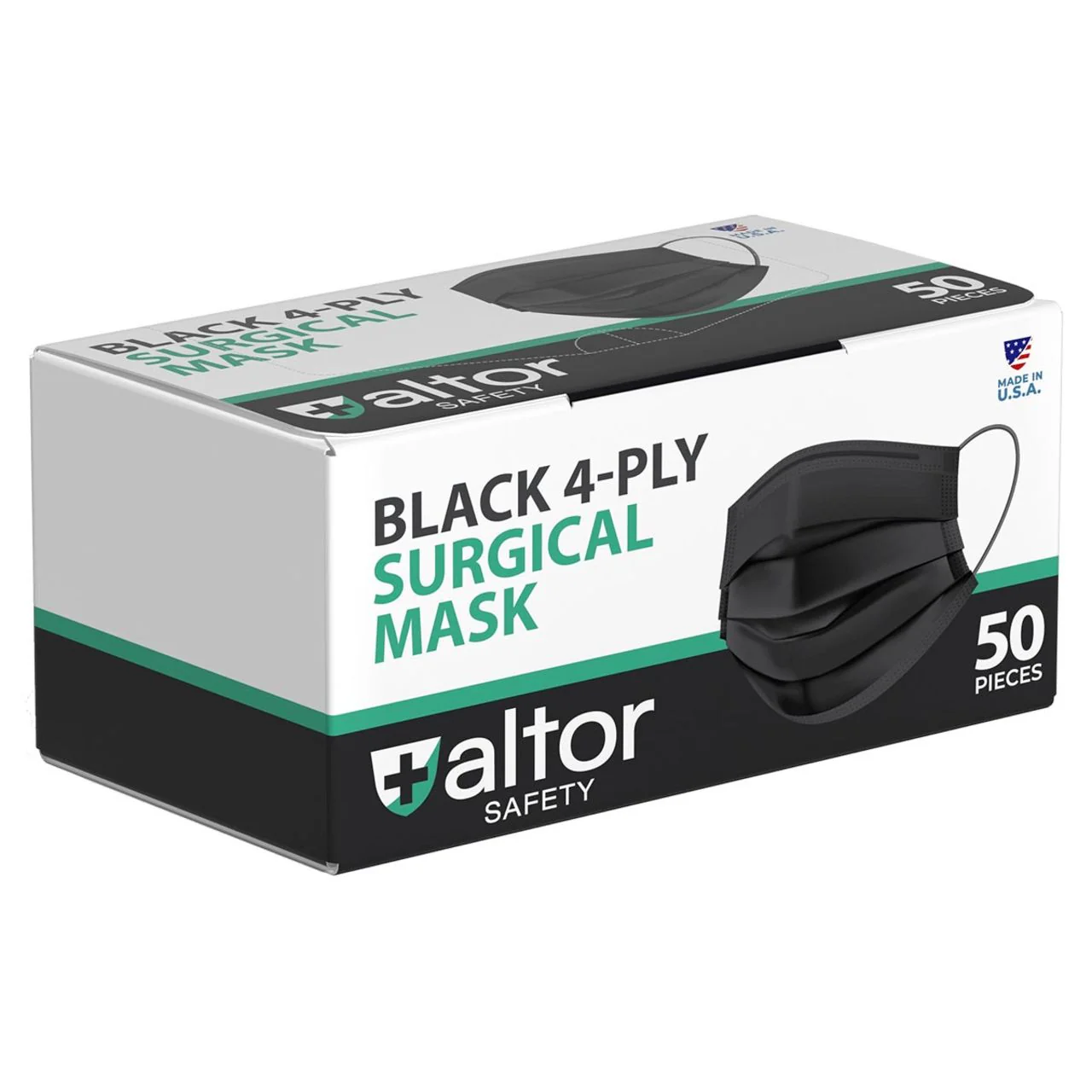 Altor Safety Surgical Mask 62222B, 4-Ply ASTM Level 2, USA Made, Black, Box of 50