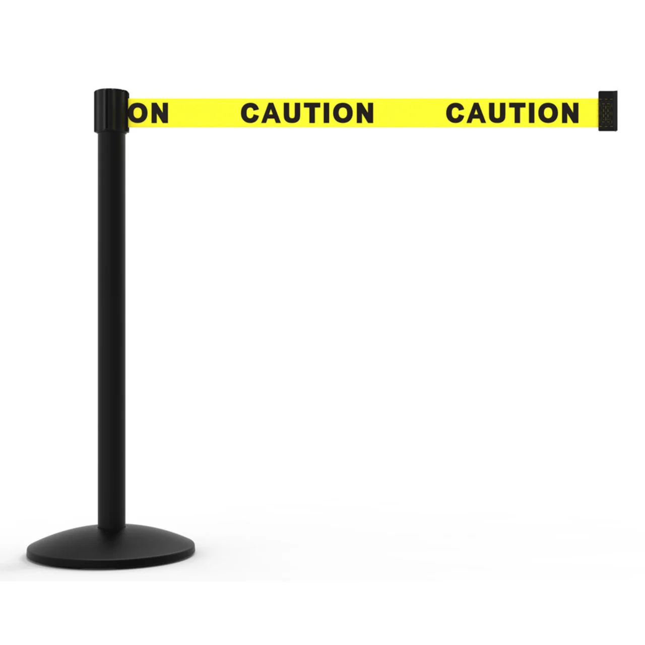 Banner Stakes 7' Retractable Belt Barrier Set with Base, Black Post and Yellow "Caution" Belt - AL6101B