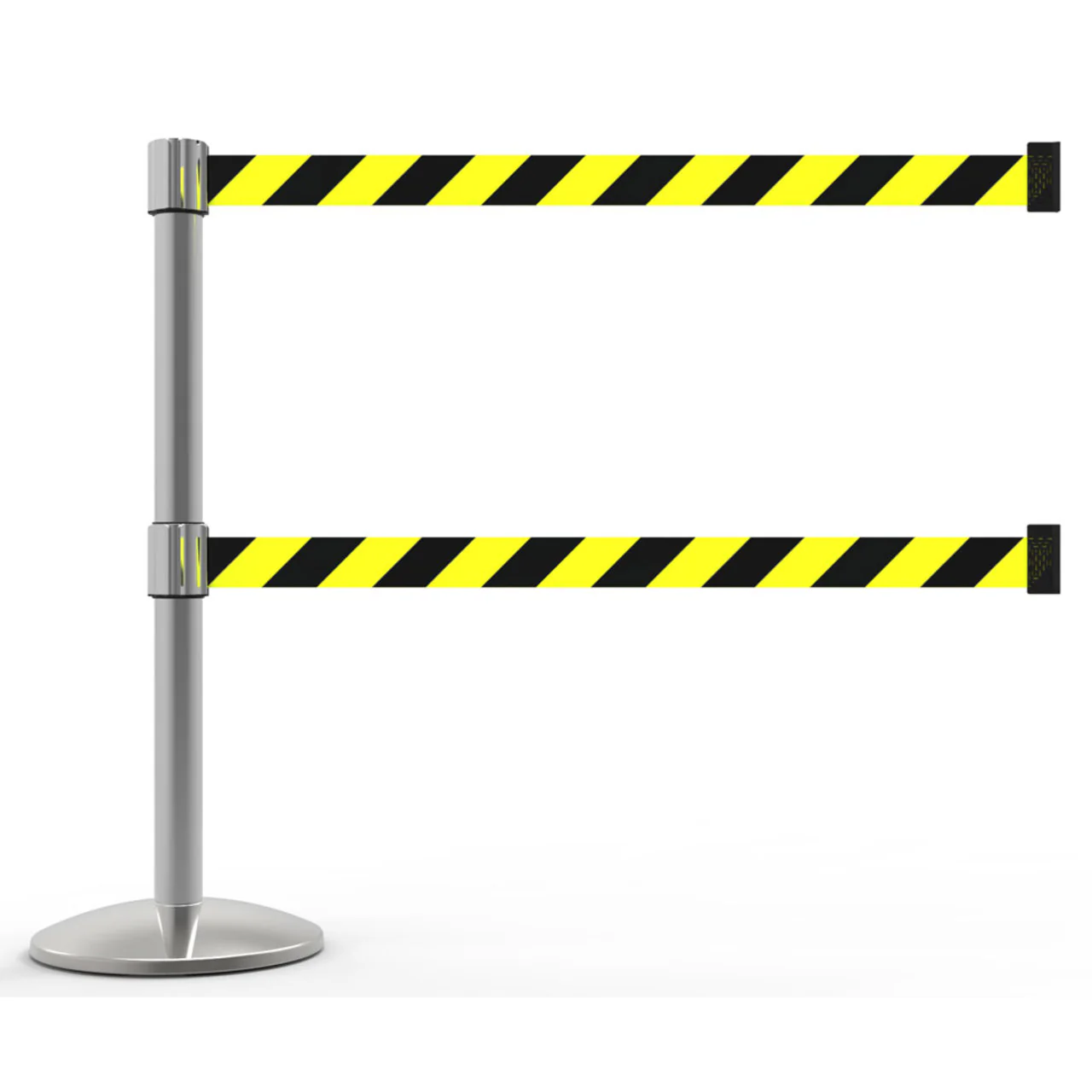 Banner Stakes 7' Dual Retractable Belt Barrier Set with Base, Chrome Post and Yellow/Black Diagonal Stripe Belt - AL6103C-D