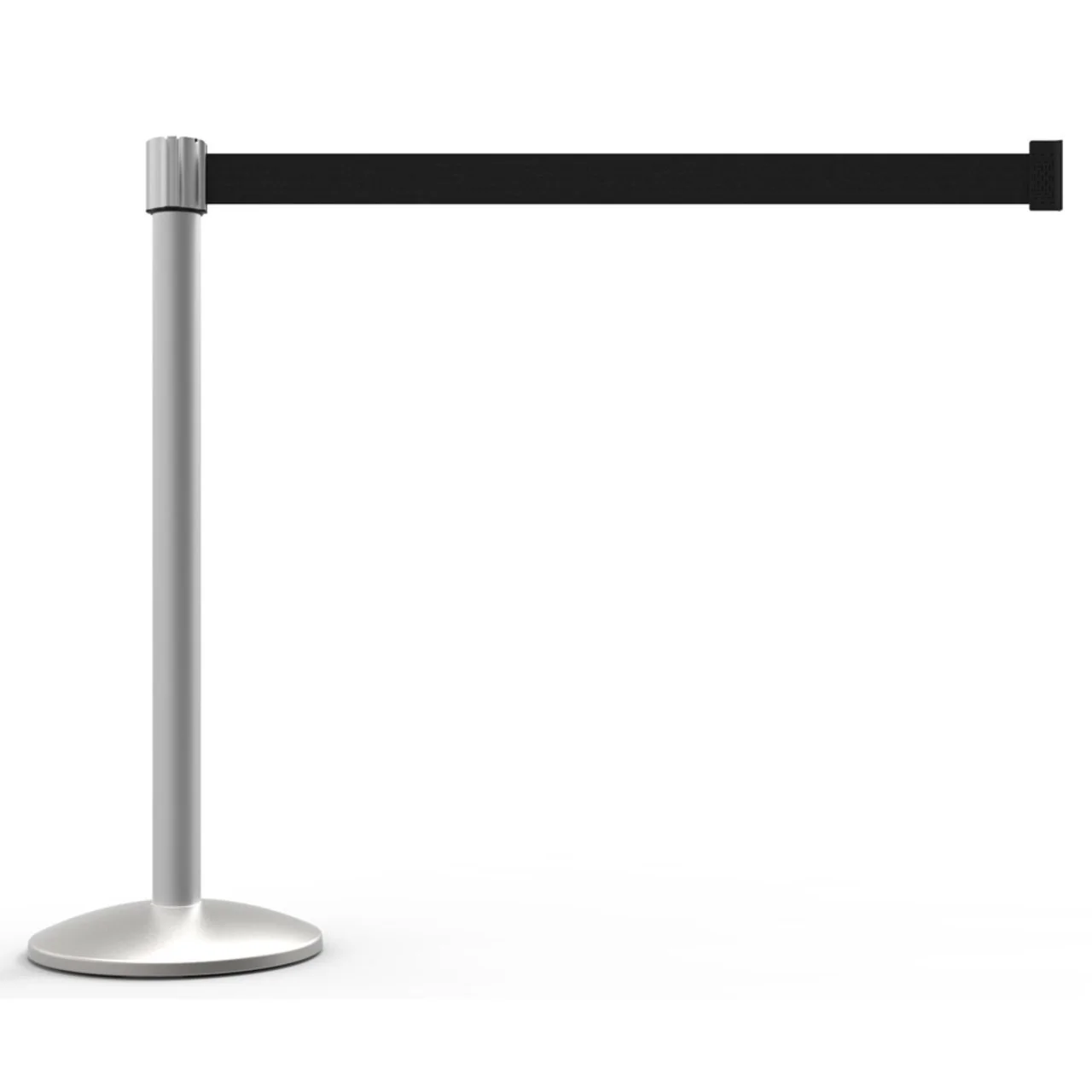 Banner Stakes 7' Retractable Belt Barrier Set with Base, Matte Post and Blank Black Belt - AL6108M