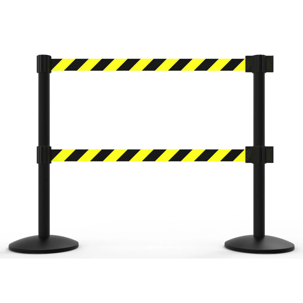 Banner Stakes 14' Dual Retractable Belt Barrier System with Bases, Black Posts and Yellow/Black Diagonal Stripe Belts - AL6203B-D