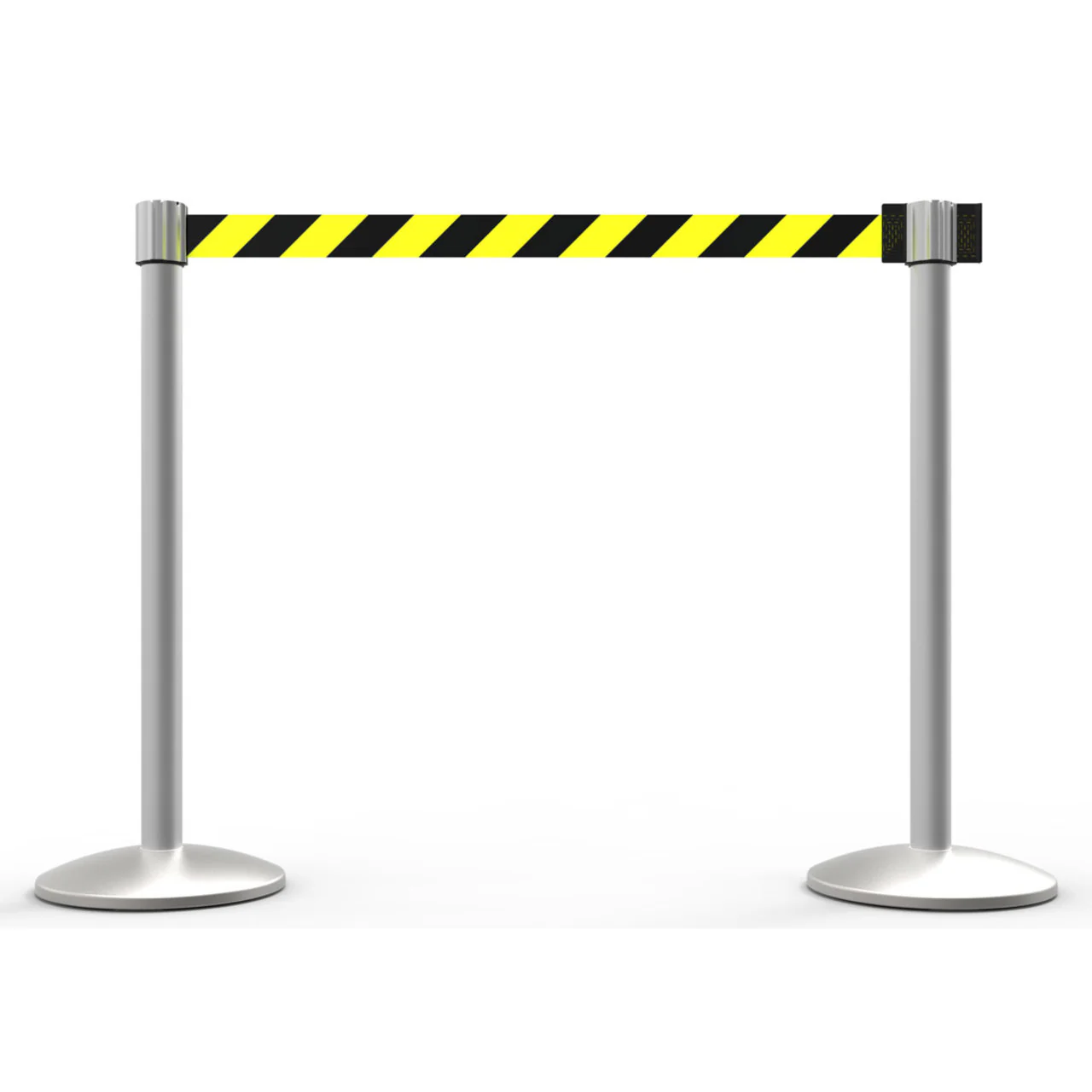 Banner Stakes 14' Retractable Belt Barrier System with Bases, Matte Posts and Yellow/Black Diagonal Stripe Belts - AL6203M