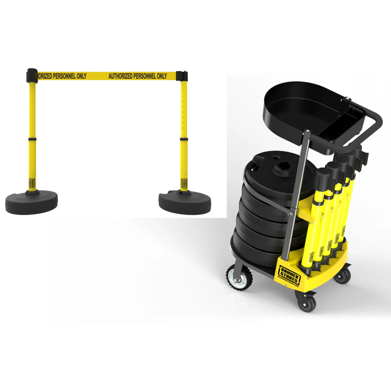 Banner Stakes 75' Barrier System with 1-Tray Cart, 5 Bases, Retractable Belts and Posts; Yellow "Authorized Personnel Only" - PL4004T