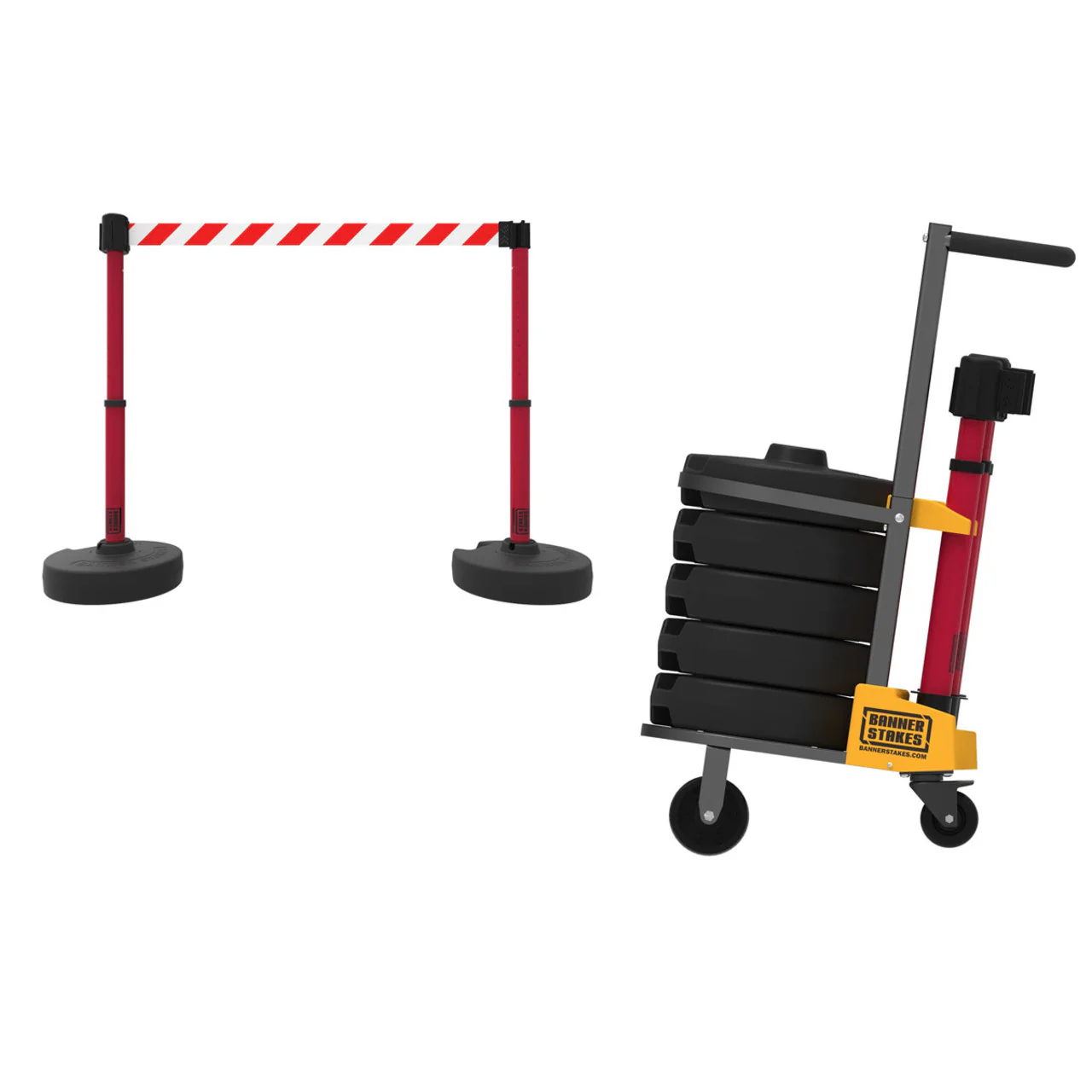 Banner Stakes 75' Barrier System with Cart, 5 Bases, Retractable Belts and Posts; Red/White Diagonal Stripe - PL4014