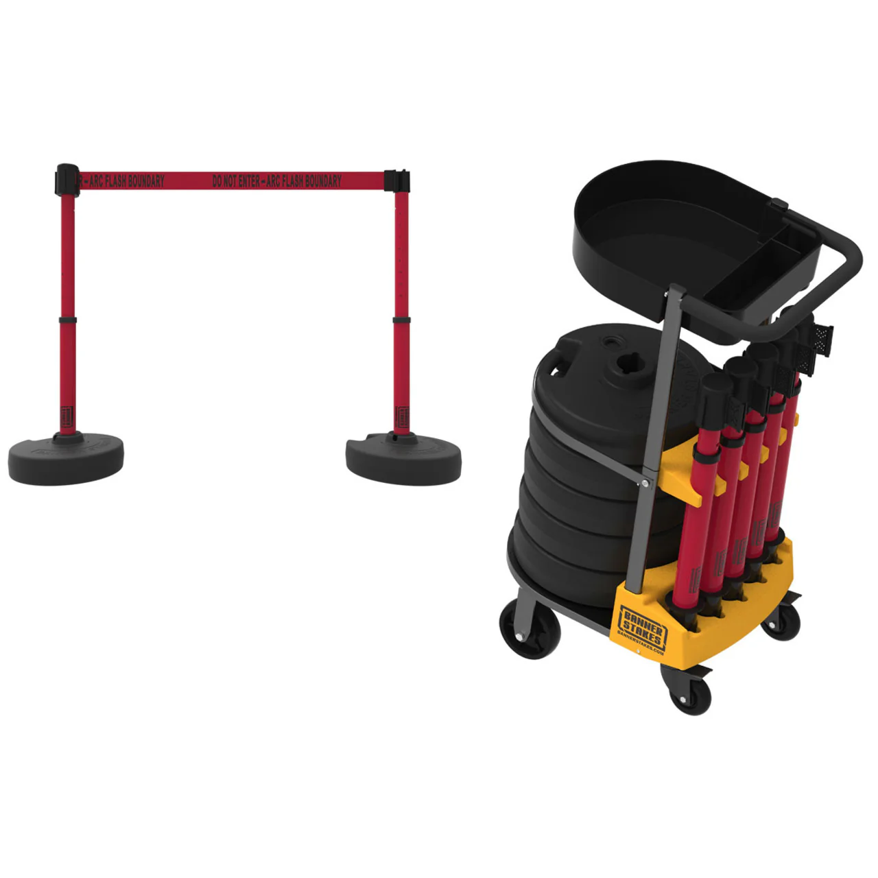 Banner Stakes 75' Barrier System with 1-Tray Cart, 5 Bases, Belts and Posts; Red "Do Not Enter - Arc Flash Boundary" - PL4079T