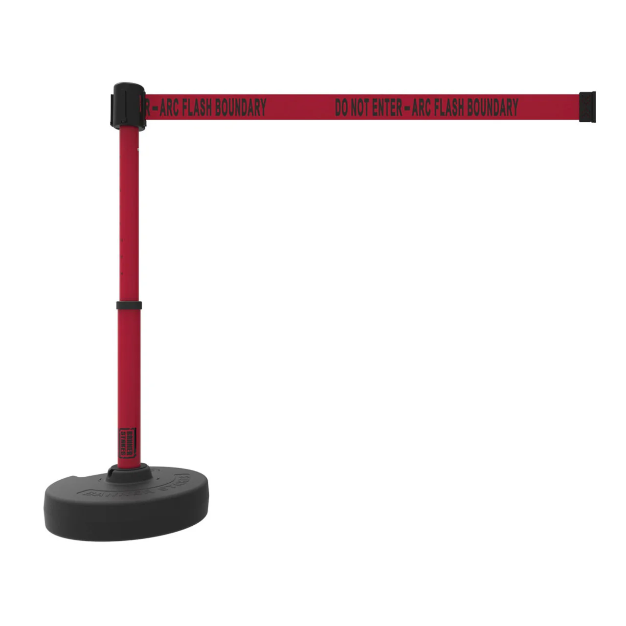 Banner Stakes Barrier Set with Stand-Alone Base, Post, Stake and Retractable Belt; Red "Do Not Enter-Arc Flash Boundary" - PL4097