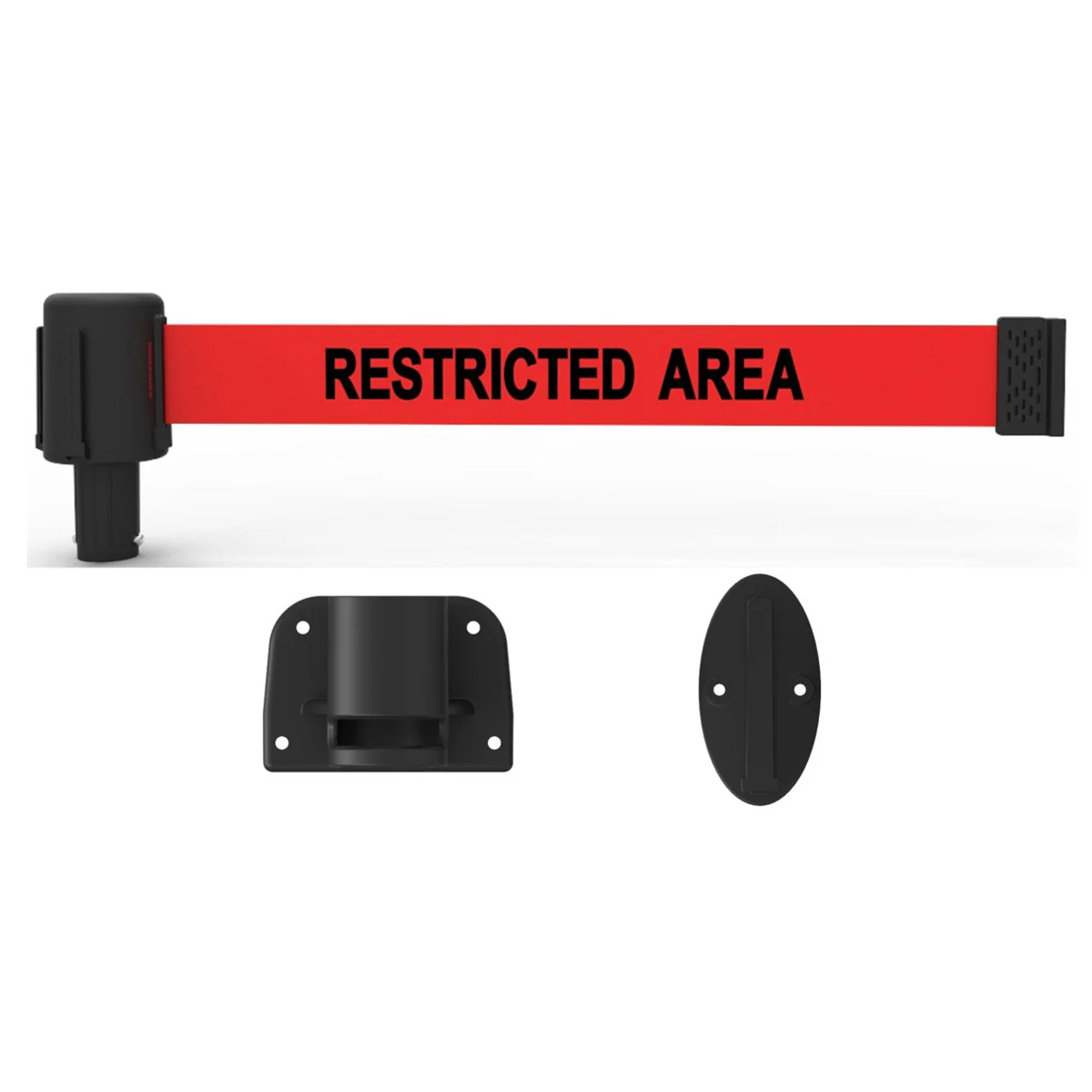 Banner Stakes 15' Wall-Mount Barrier System with Mounting Kit and Retractable Belt; Red "Restricted Area" - PL4113