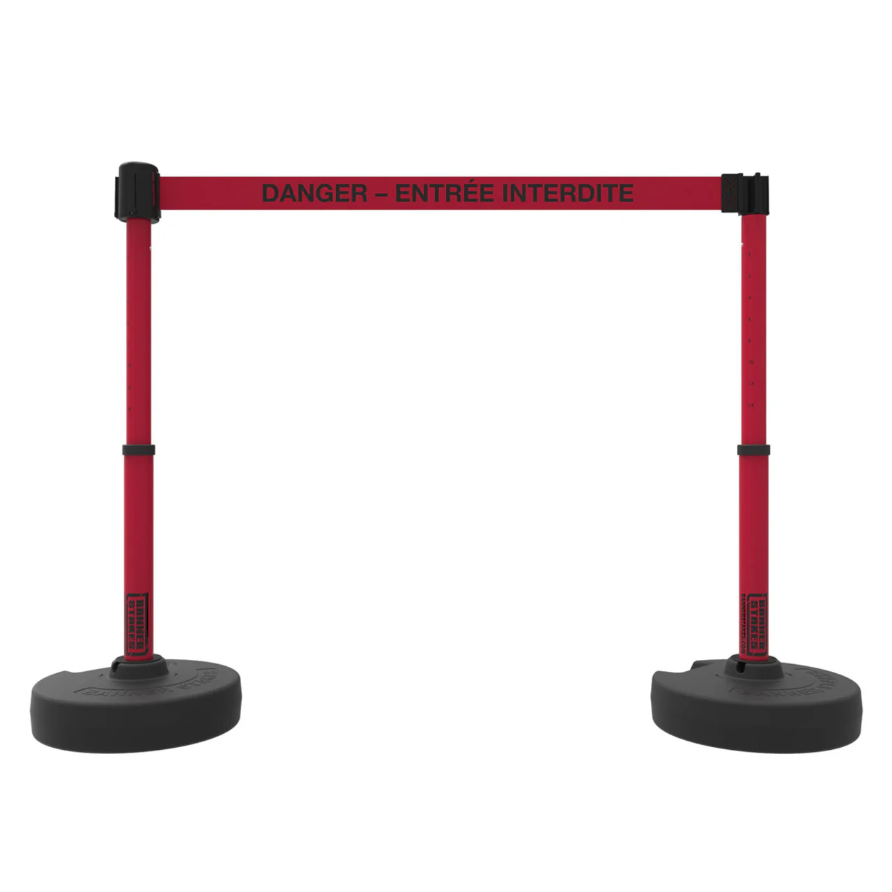 Banner Stakes 15' Barrier System with 2 Bases, Posts, Stakes and 1 Retractable Belt; Red "DANGER – ENTRÉE INTERDITE" - PL4247