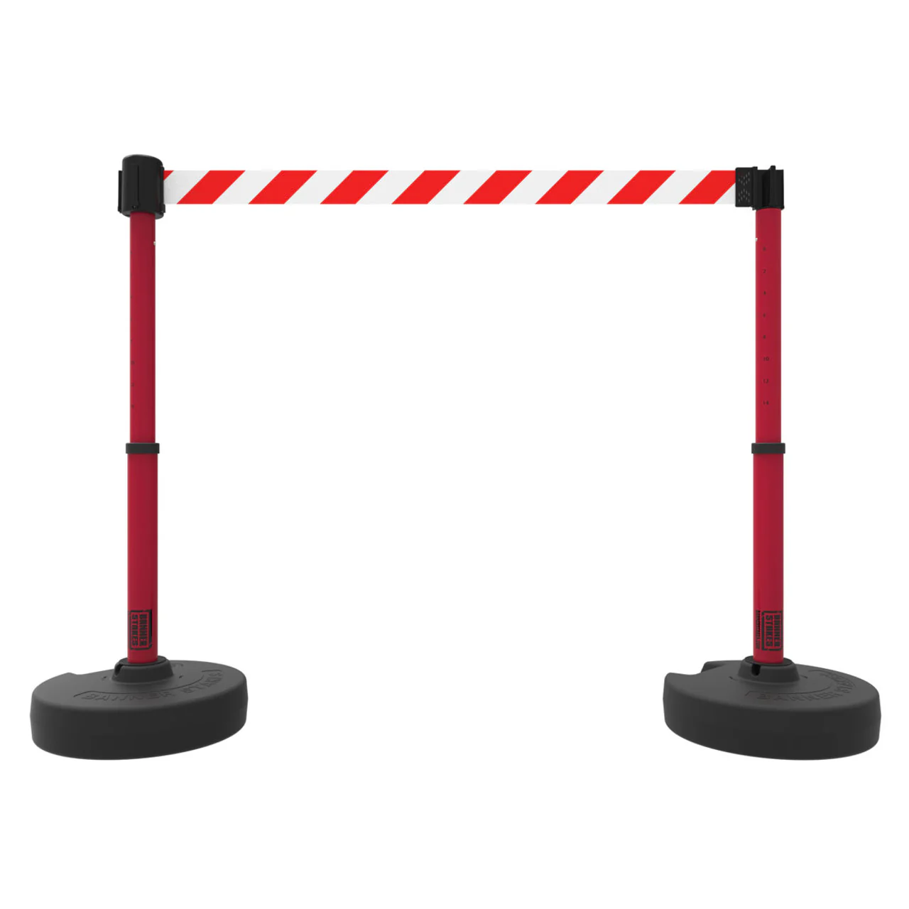 Banner Stakes 15' Barrier System with 2 Bases, Posts, Stakes and 1 Retractable Belt; Red/White Diagonal Stripe - PL4298