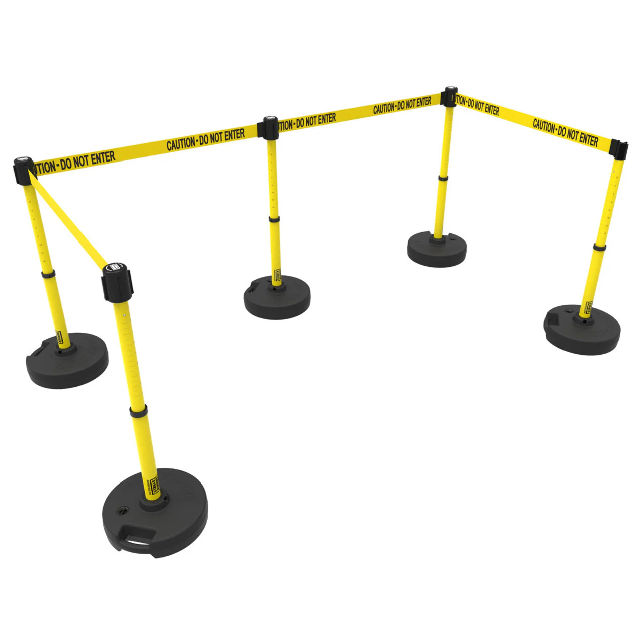Banner Stakes 60' Barrier System with 5 Bases, Post, Stakes, and 4 Retractable Belts; Yellow "Caution - Do Not Enter" - PL4585