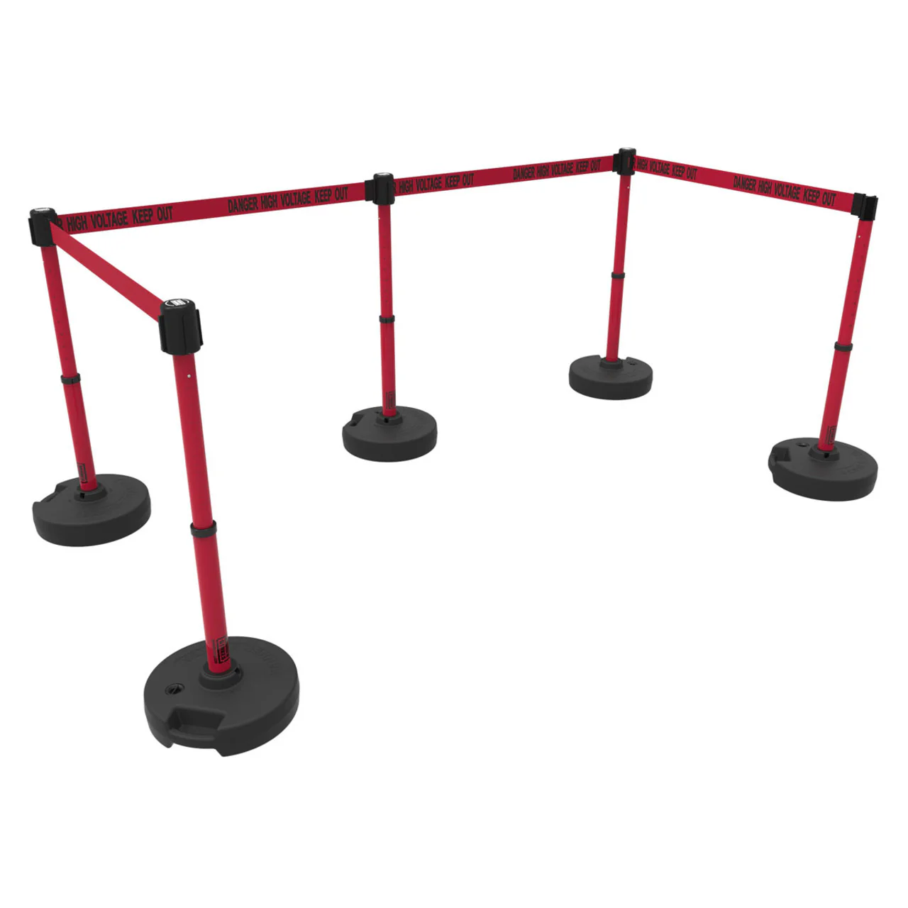 Banner Stakes 60' Barrier System with 5 Bases, Post, Stakes, and 4 Retractable Belts; Red "Danger High Voltage Keep Out" - PL4596