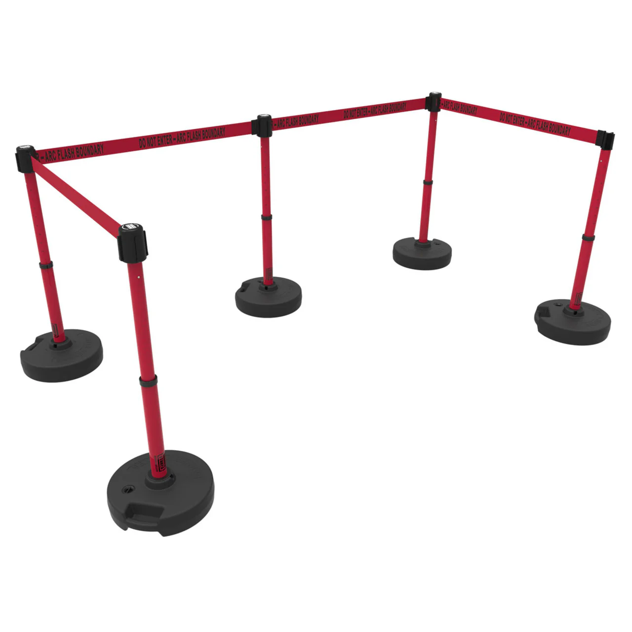 Banner Stakes 60' Barrier System with 5 Bases, Post, Stakes, and 4 Retractable Belts; Red "Do Not Enter-Arc Flash Boundary" - PL4597