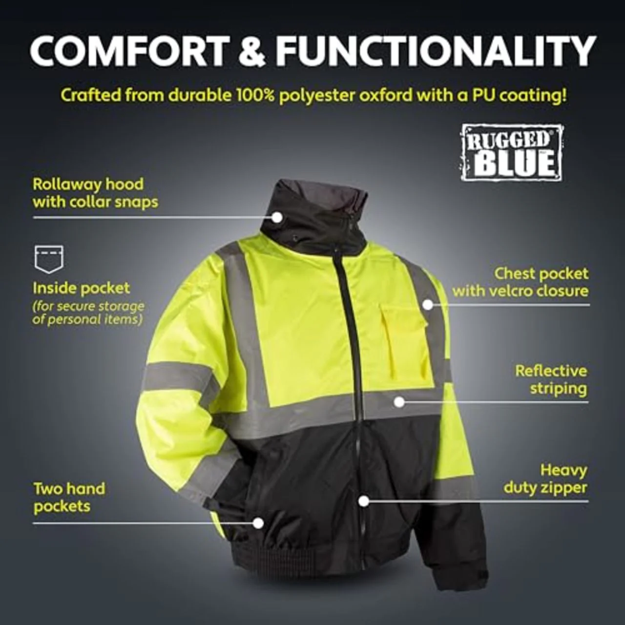 Rugged Blue Type R Class 3 Hi-Vis Black Bottom Bomber Jacket - Image 6