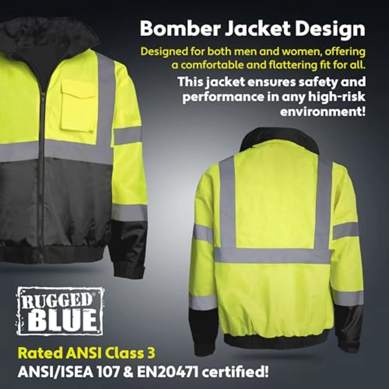 Rugged Blue Type R Class 3 Hi-Vis Black Bottom Bomber Jacket - Image 8