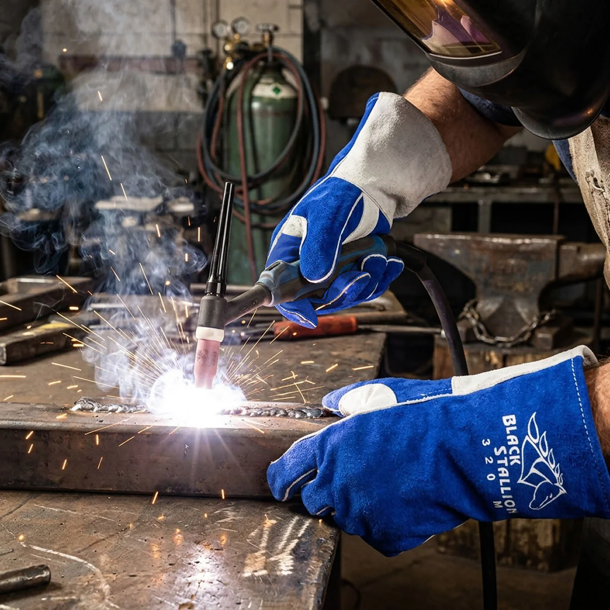 Black Stallion 320 Cowhide Stick Welding Gloves with CushionCore Liner, Blue - Image 6