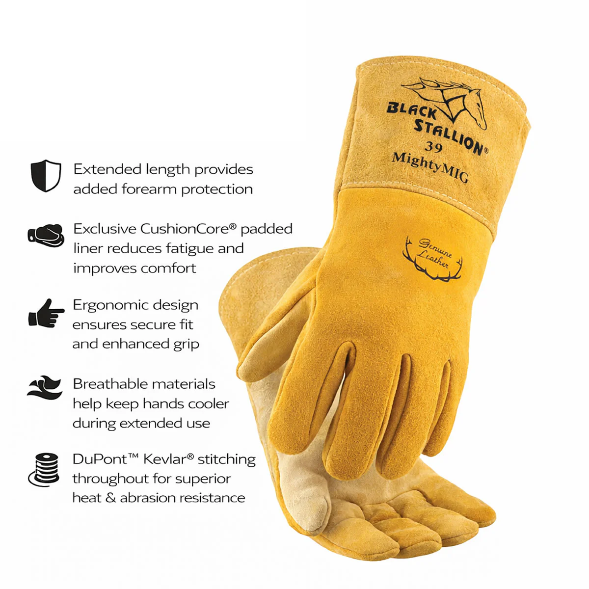 Black Stallion MightyMIG Premium Deerskin Welding Gloves, Natural - Image 2