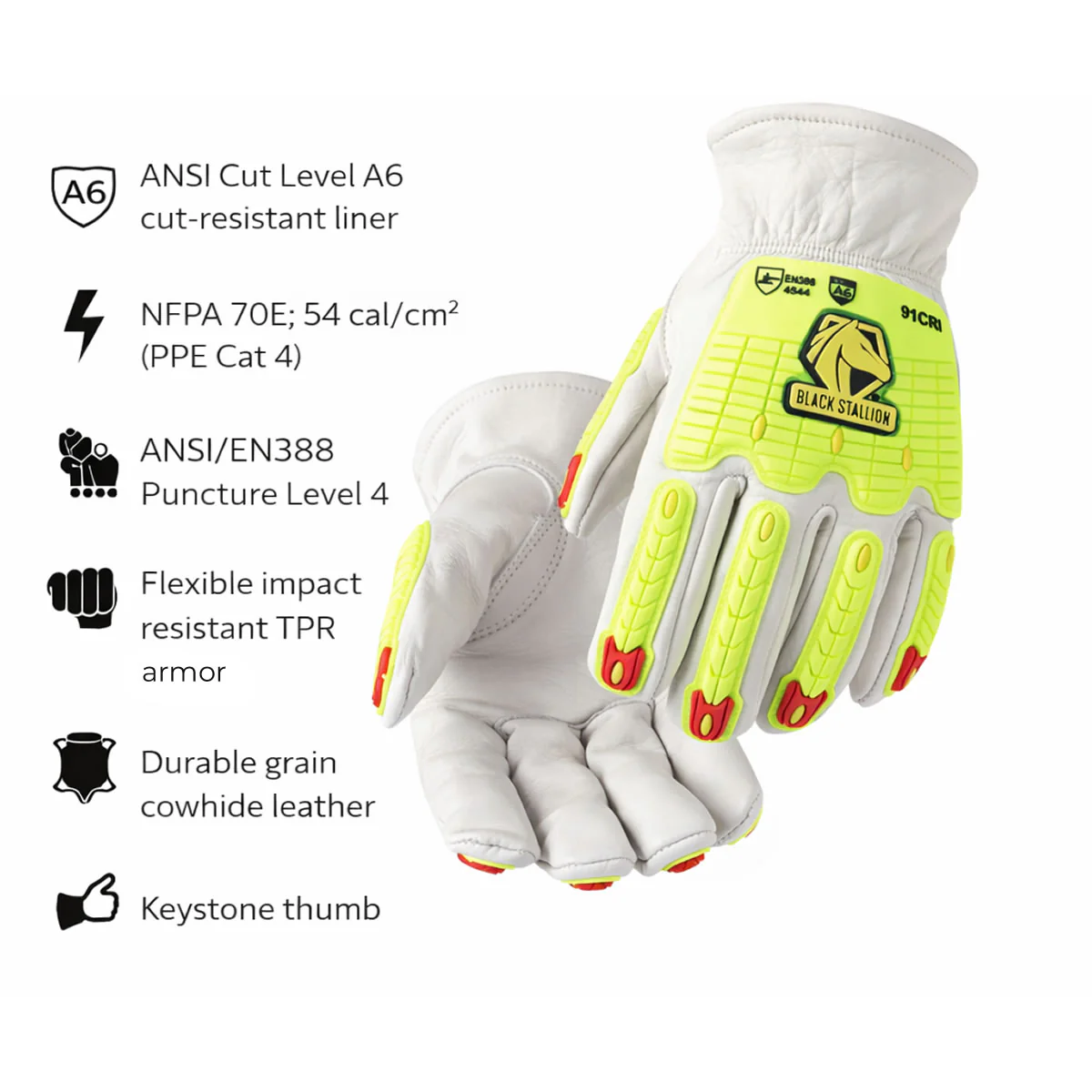 Black Stallion 91CRI A6 Cut Resistant Grain Cowhide Leather Driver Impact Gloves - Image 2