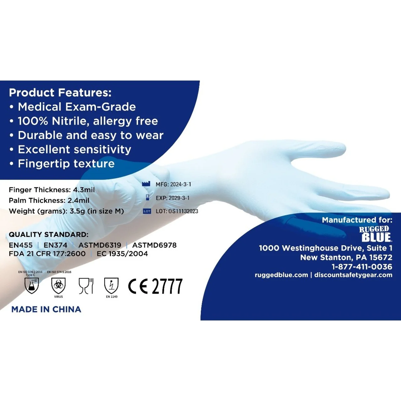 Disposable Nitrile Exam Gloves - Blue - 4 mil - Box of 100 (S, M, L, XL, 2XL) - Image 8