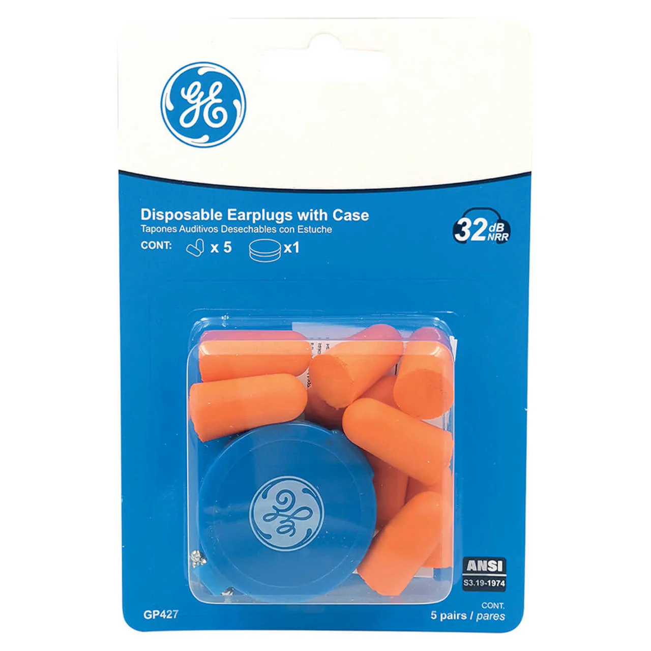General Electric GP427 32 dB Polyurethane Foam Bullet Earplugs, Orange, 5 Pairs