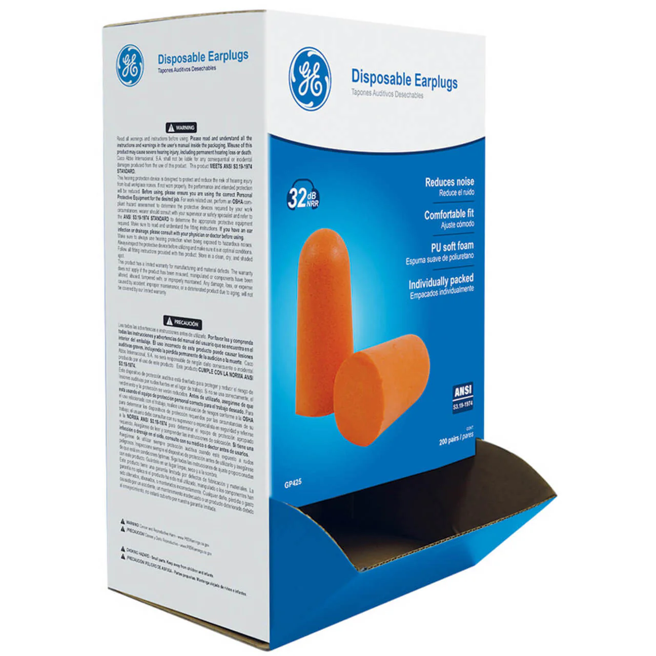 General Electric 32 dB Polyurethane Foam Bullet Earplugs, GP425, 200 Pair, Orange