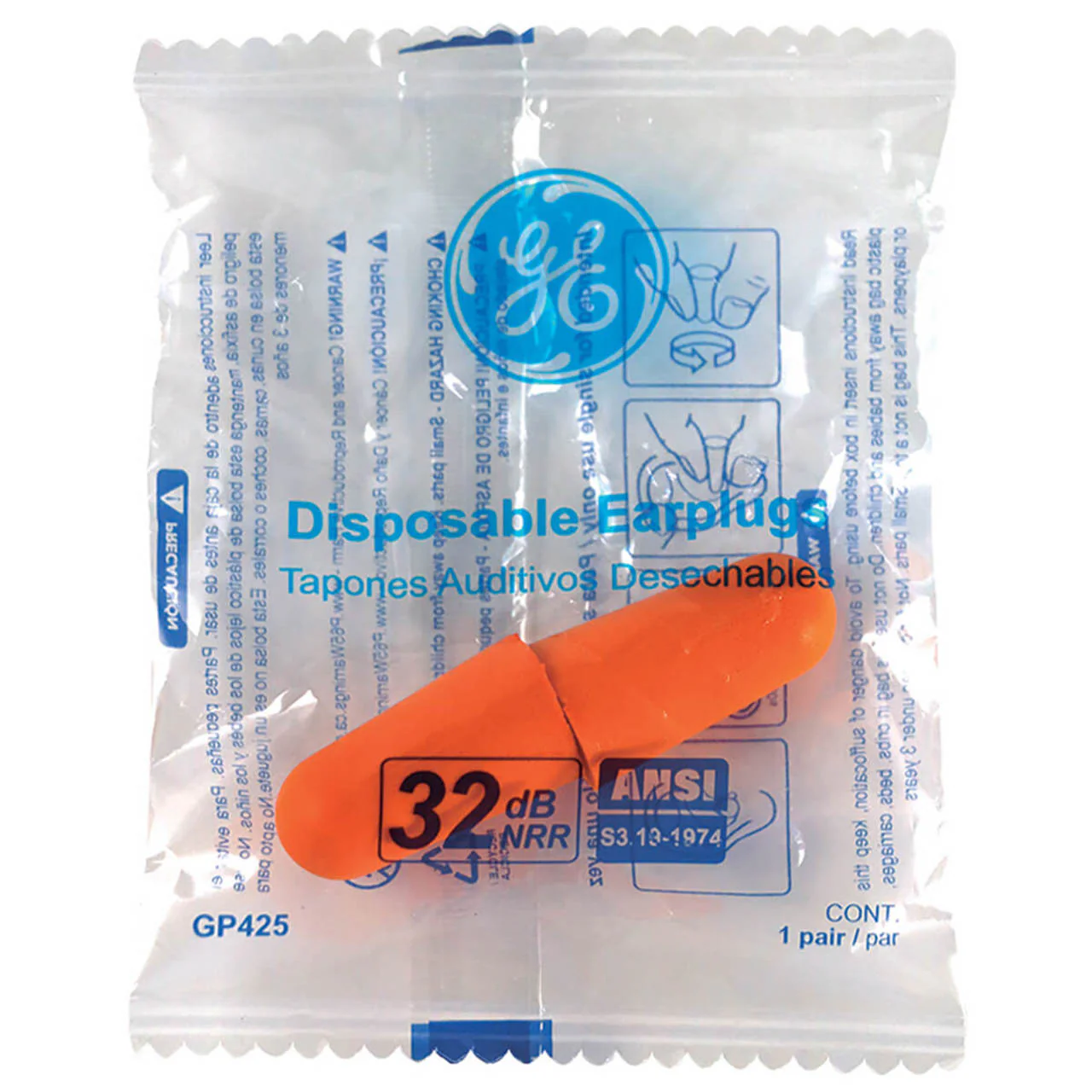 General Electric 32 dB Polyurethane Foam Bullet Earplugs, GP425, 200 Pair, Orange - Image 2