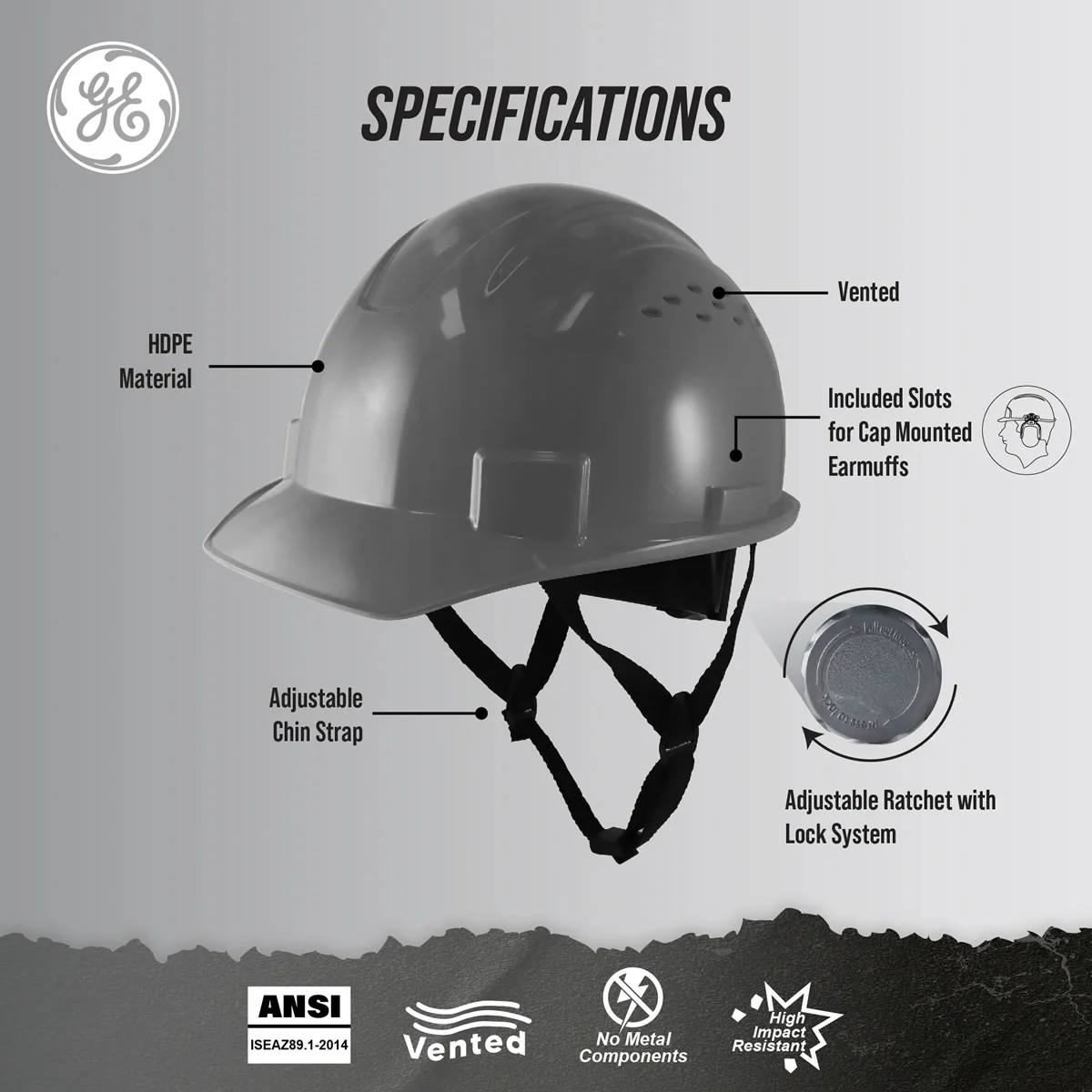 General Electric Vented Cap Style Hard Hat 4-Point Ratchet Suspension - GH326 - Image 4