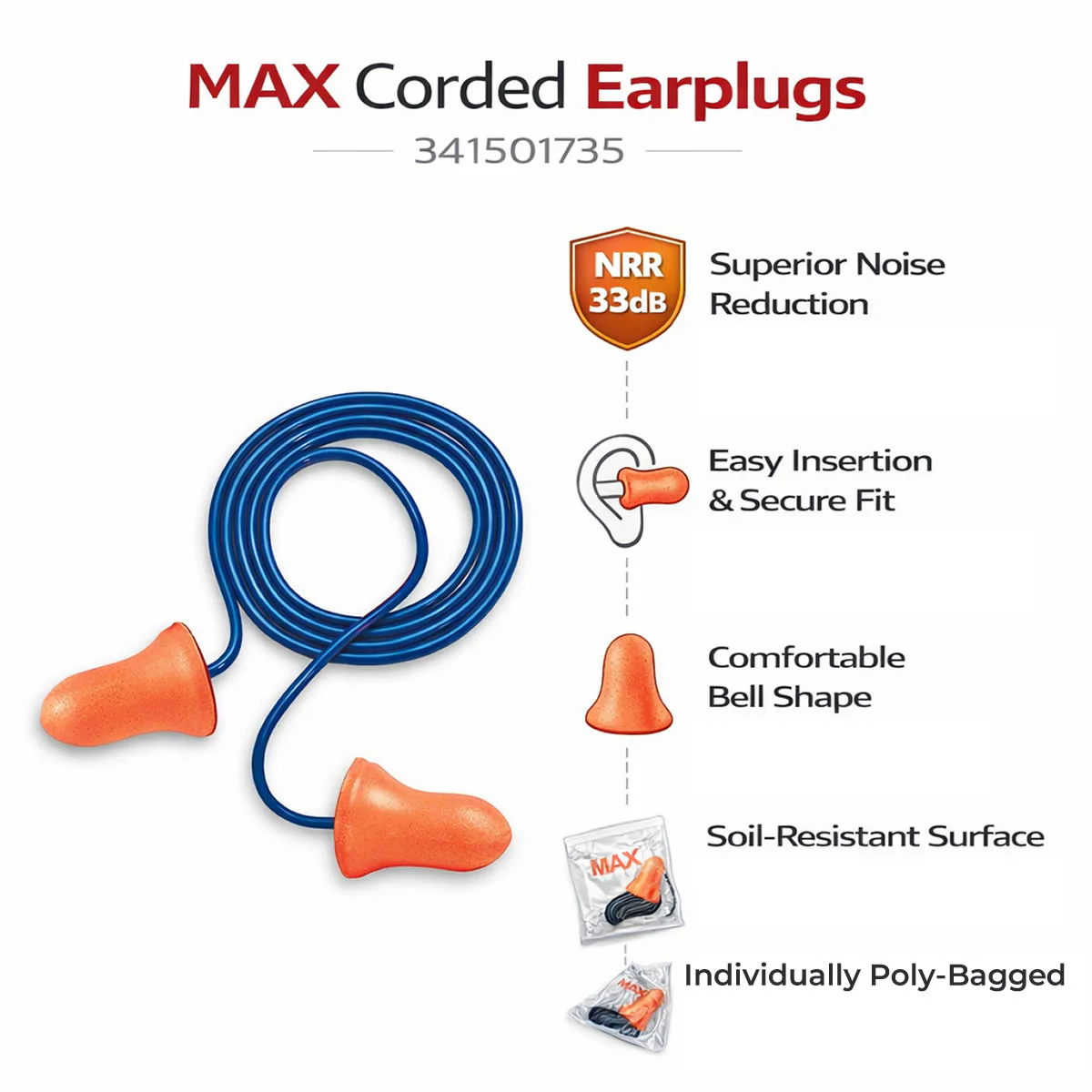 Howard Leight MAX Corded Earplugs, 341501735, 100 Pair, Orange - Image 3