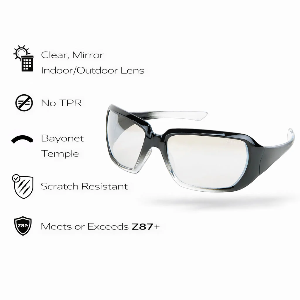 MCR Safety Crews 2 Women's Black/Clear Frame Safety Glasses - Clear Mirror Indoor/Outdoor Lens - Image 2