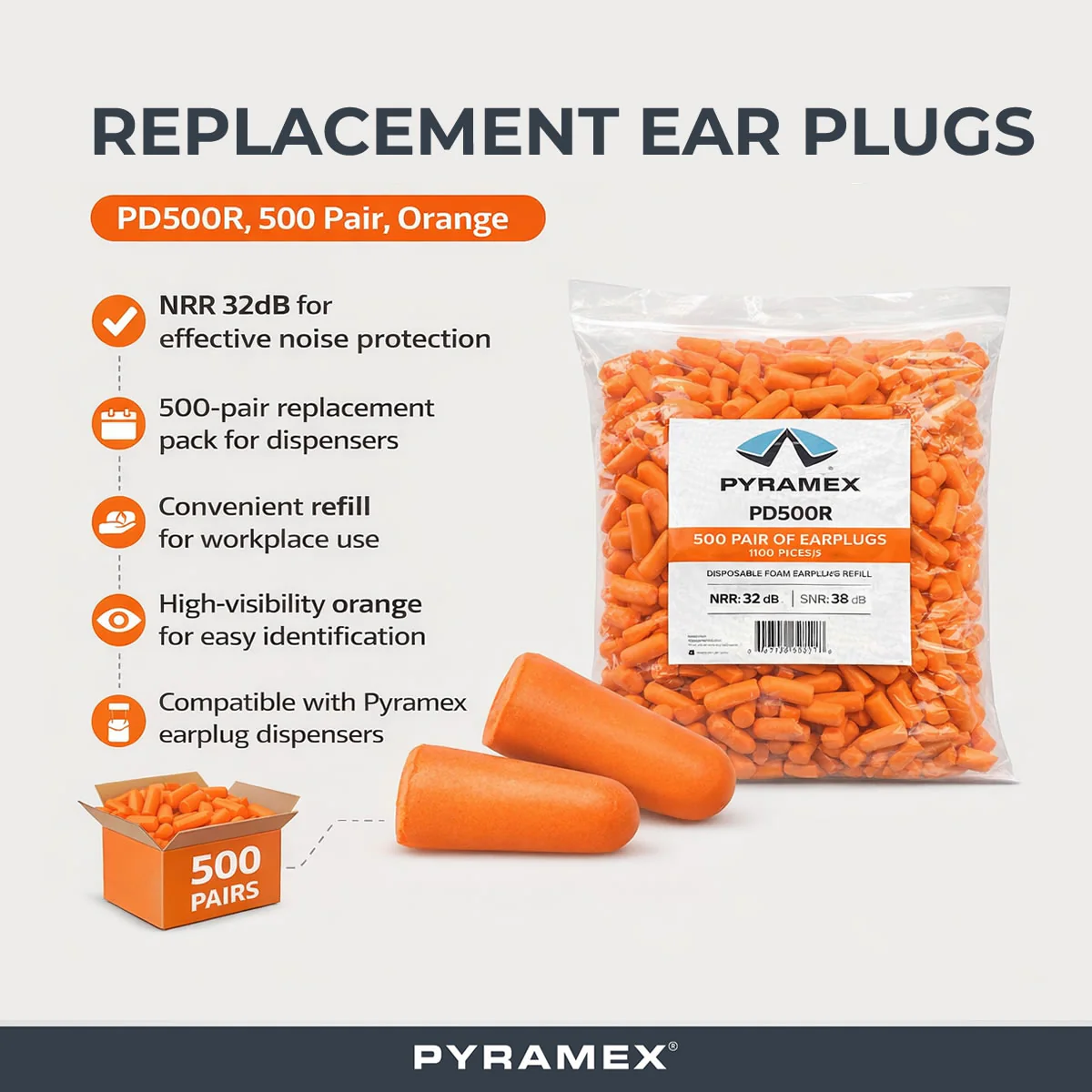 Pyramex Replacement Ear Plugs, PD500R, 500 Pair, Orange - Image 3
