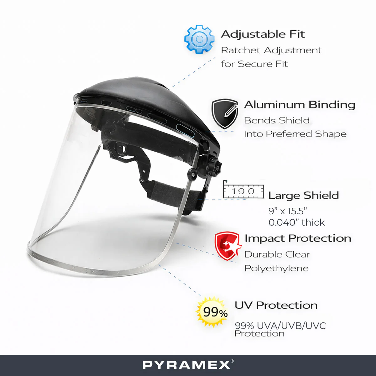 Pyramex Ridgeline Ratchet Headgear with Clear Aluminum Bound Polyethylene Face Shield Combo - S1015 & HGBR - Image 4