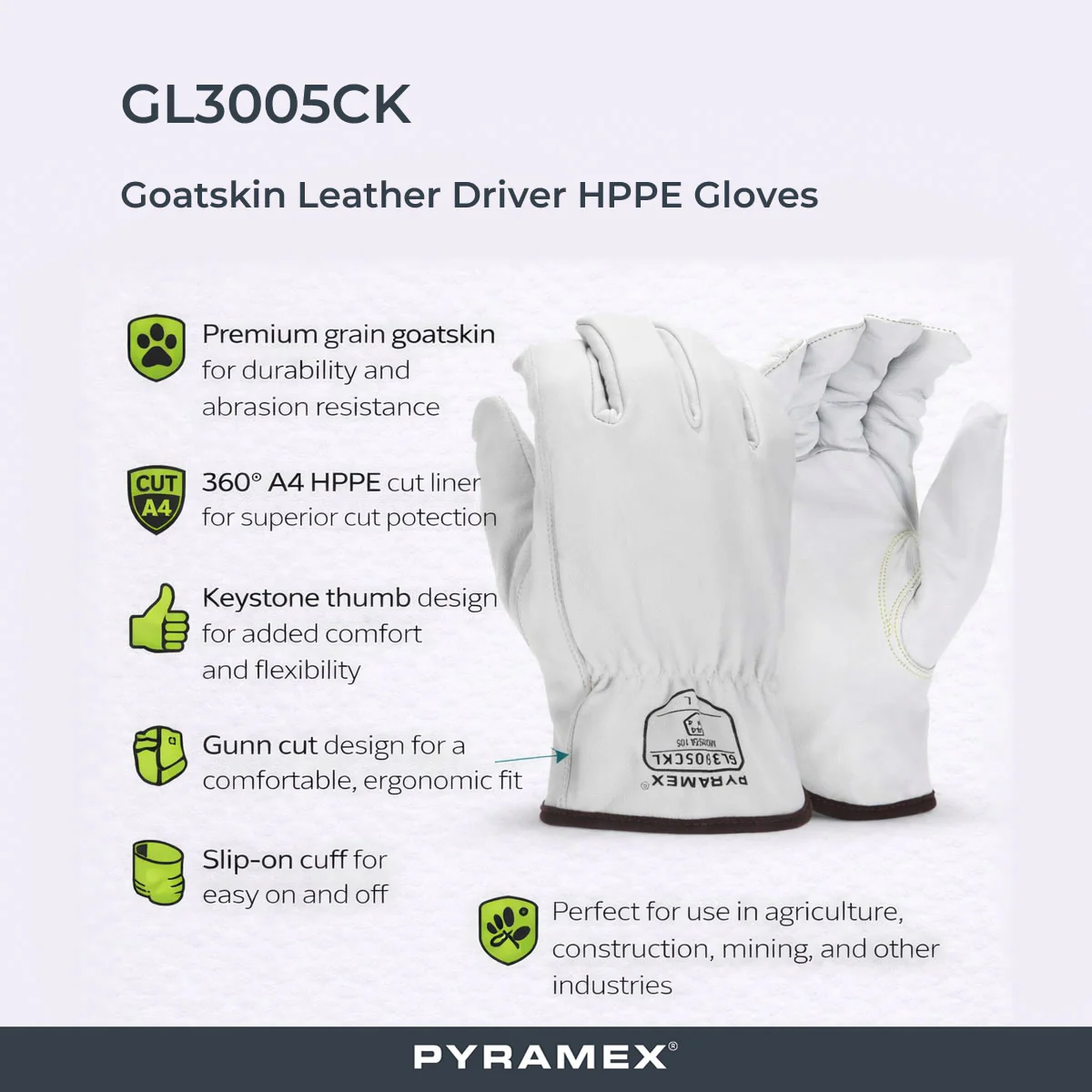 Pyramex GL3005CK Premium Grain Goatskin Leather Driver HPPE A4 Cut Gloves, White - Image 2