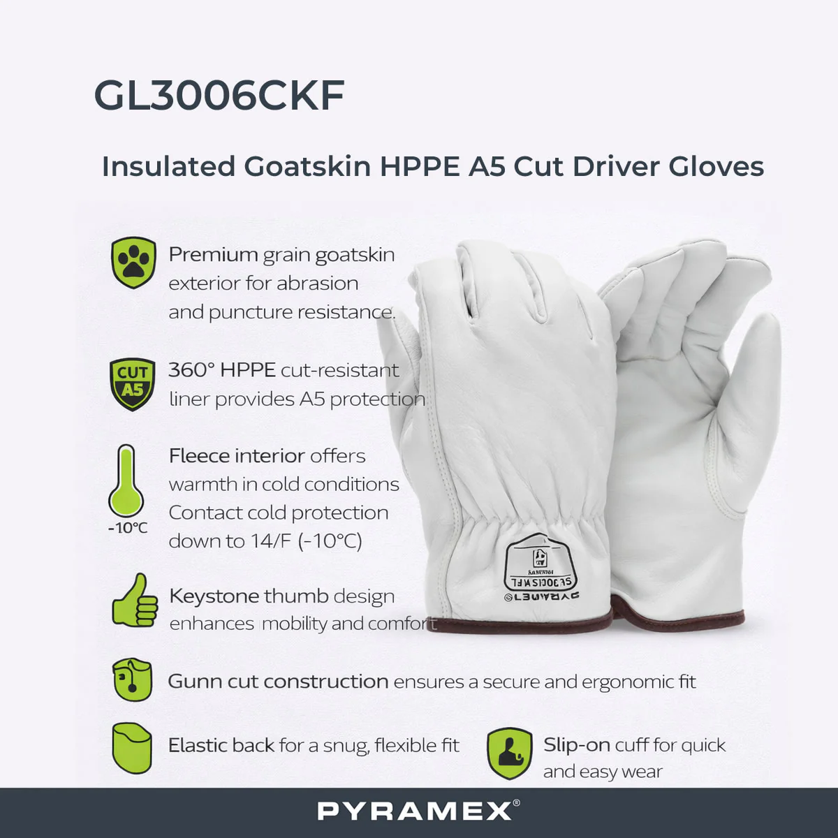 Pyramex GL3006CKF Insulated Premium Grain Goatskin HPPE A5 Cut Leather Driver Gloves, White - Image 2