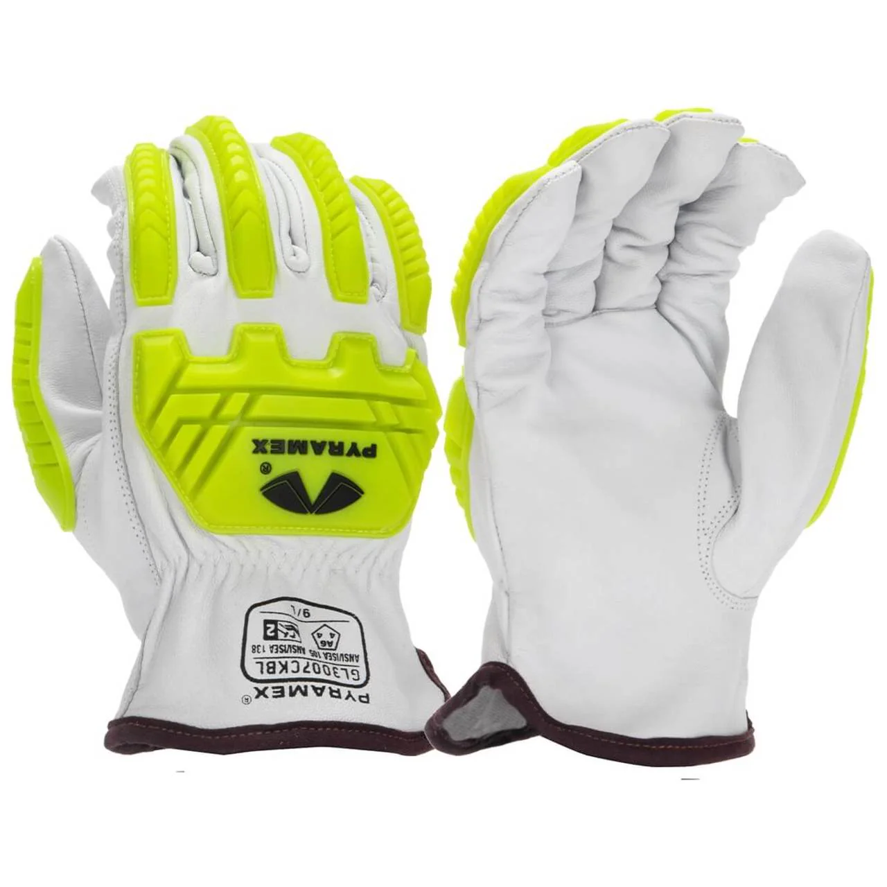 Pyramex GL3007CKB Premium Grain Goatskin Leather Driver HPPE A6 Cut Level 2 Impact Gloves, Hi-Vis Green