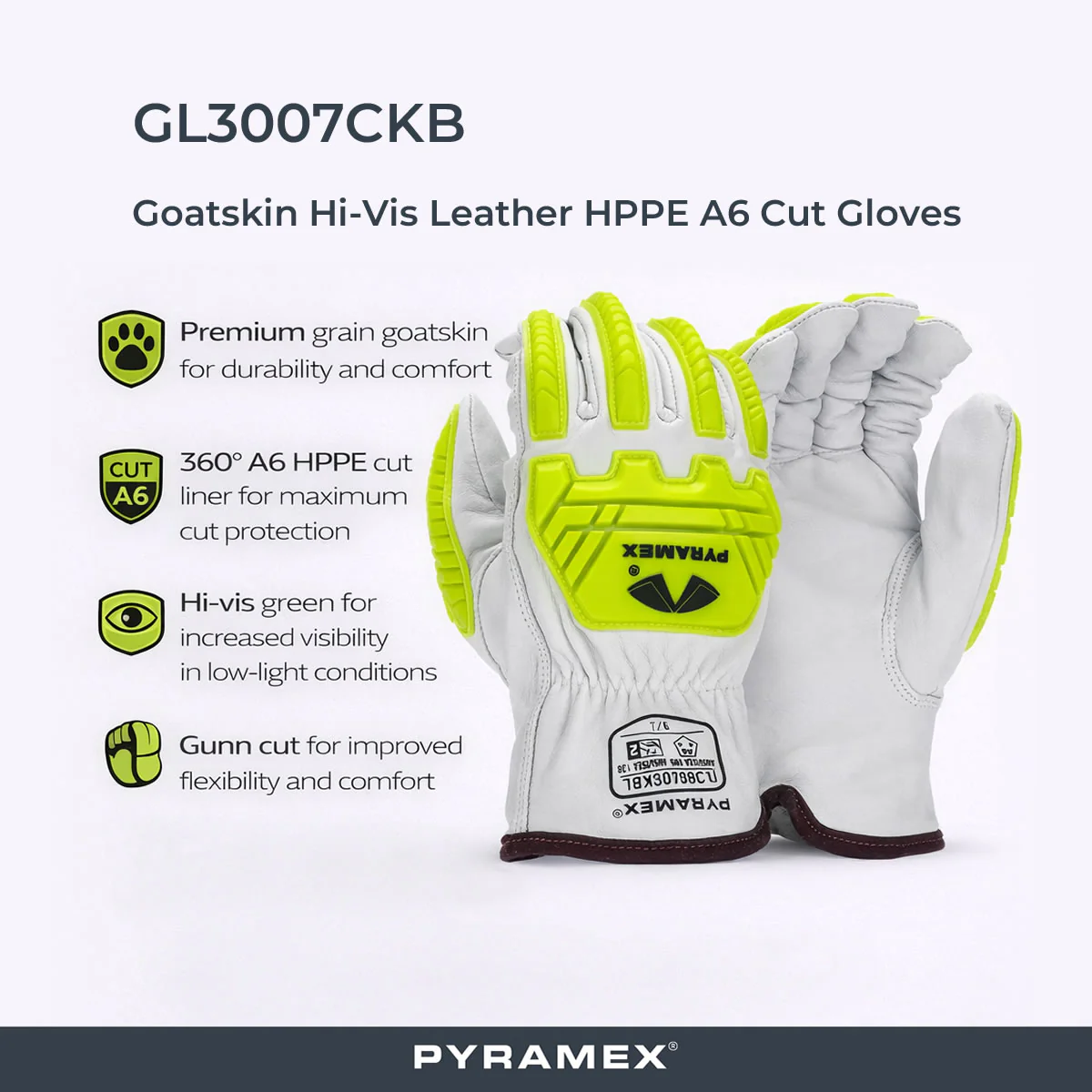 Pyramex GL3007CKB Premium Grain Goatskin Leather Driver HPPE A6 Cut Level 2 Impact Gloves, Hi-Vis Green - Image 2