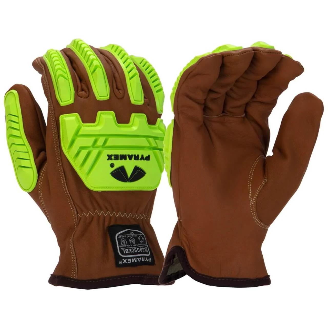 Pyramex GL3009CKB Premium Grain Goatskin Leather Driver Para-Aramid A4 Cut Level 2 Impact Gloves, Hi-Vis Green
