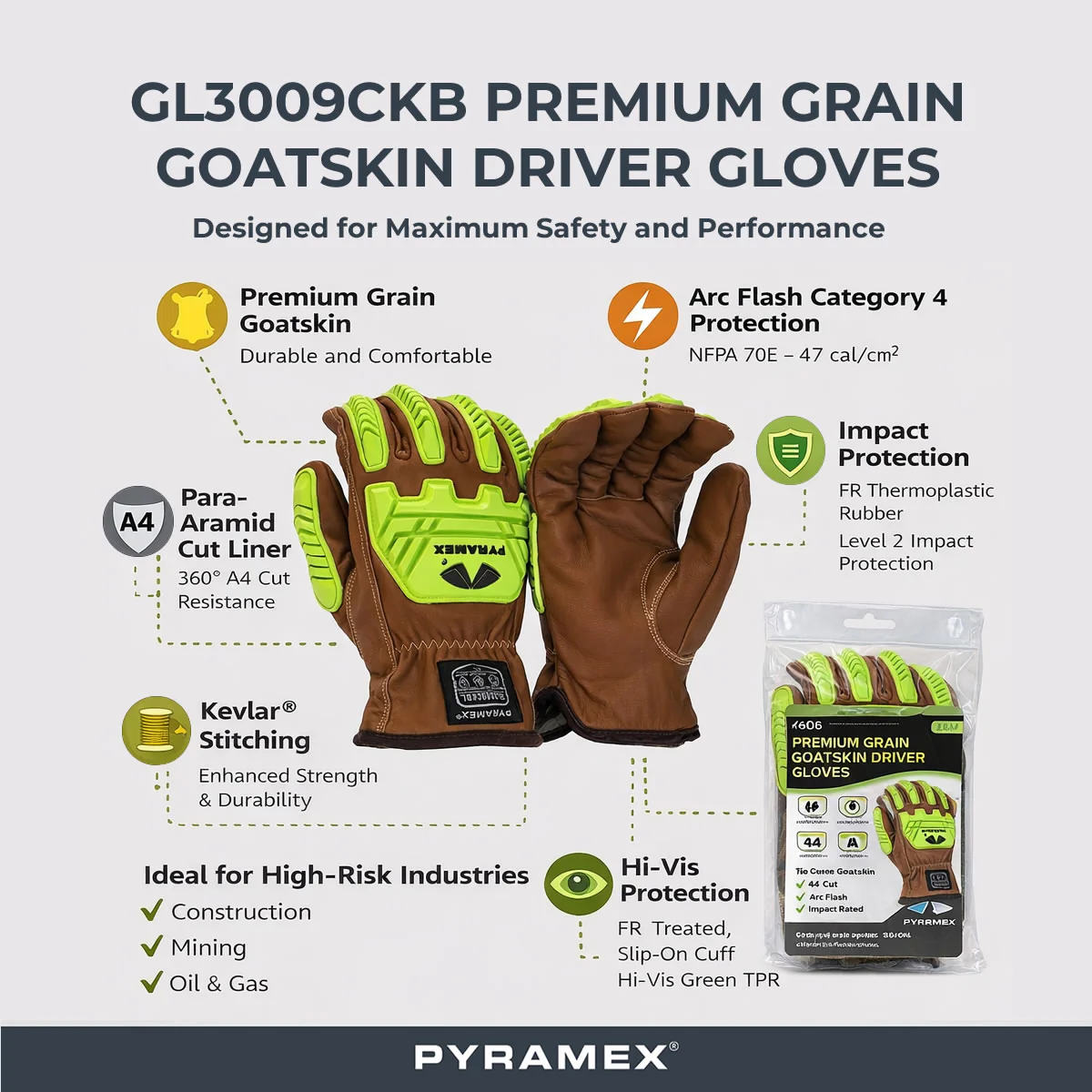Pyramex GL3009CKB Premium Grain Goatskin Leather Driver Para-Aramid A4 Cut Level 2 Impact Gloves, Hi-Vis Green - Image 2