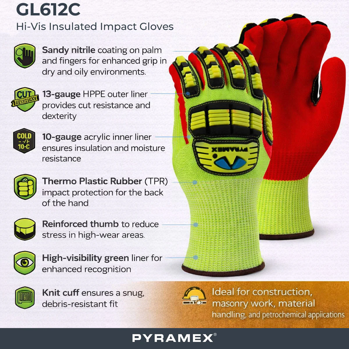 Pyramex GL612C Hi-Vis Insulated A5 Cut Sandy Nitrile Dipped Level 2 Impact Gloves, Hi-Vis Green - Image 2