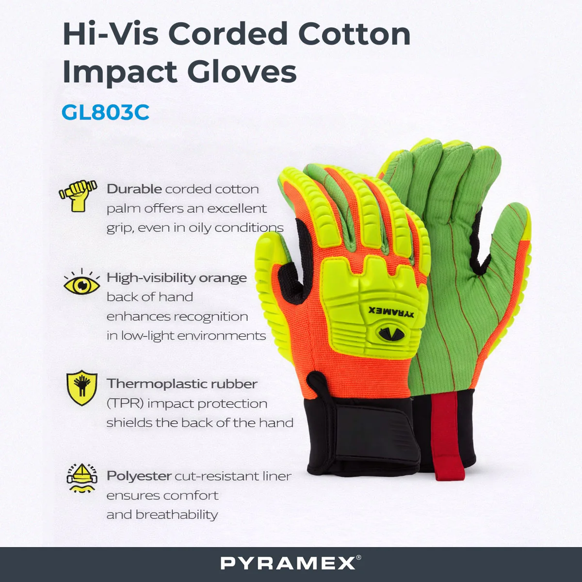 Pyramex GL803C Hi-Vis Corded Cotton A2 Cut Level 1 Impact Gloves, Hi-Vis Orange - Image 2