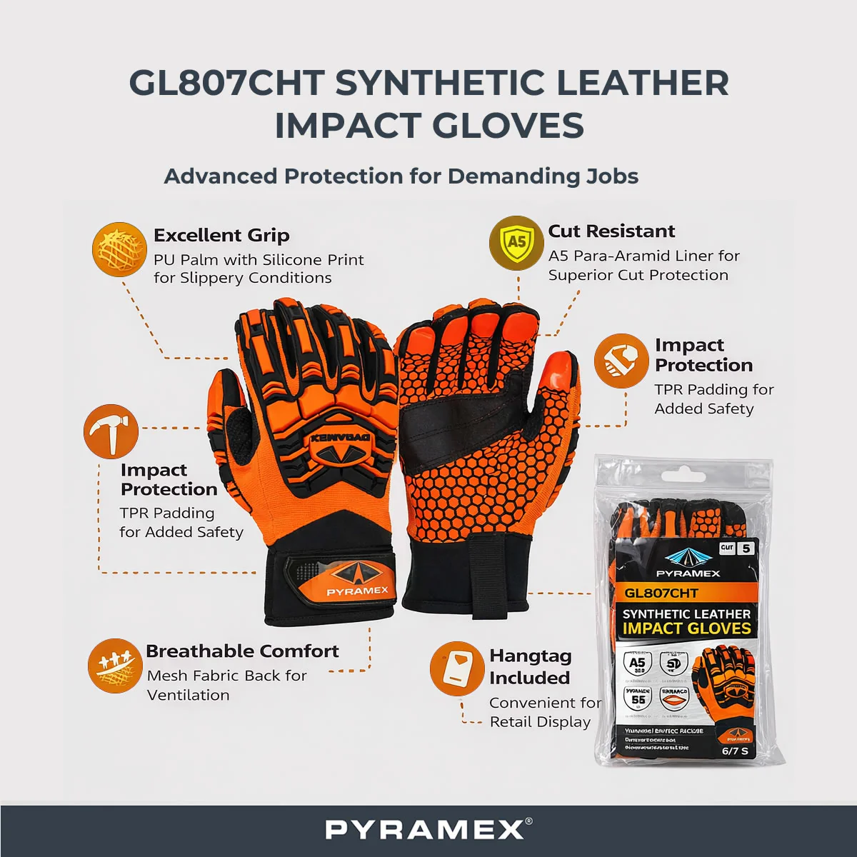 Pyramex GL807CHT Hi-Vis Synthetic Leather A5 Cut Level 2 Impact Gloves, Hi-Vis Orange - Image 2