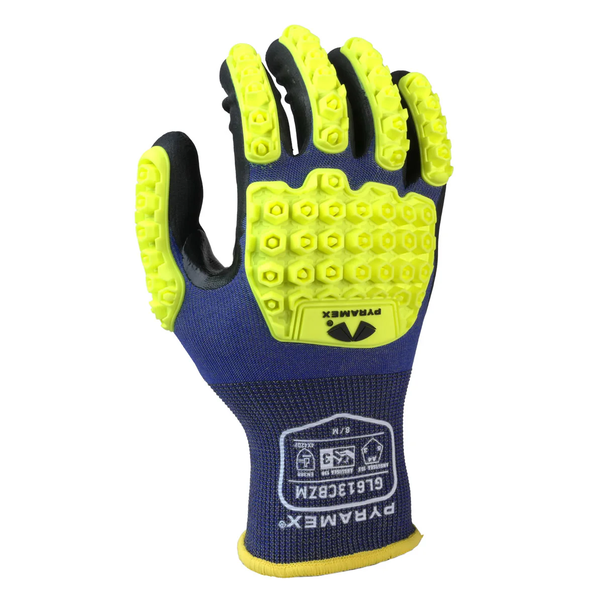 Pyramex GL613CBZ A4 Cut Micro-Foam Nitrile Dipped Impact 3 Gloves, Blue/Hi-Vis Green - Image 2