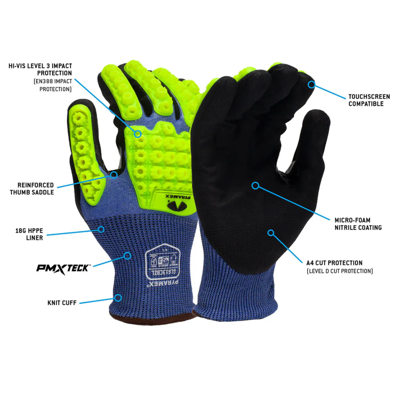 Pyramex GL613CBZ A4 Cut Micro-Foam Nitrile Dipped Impact 3 Gloves, Blue/Hi-Vis Green - Image 4