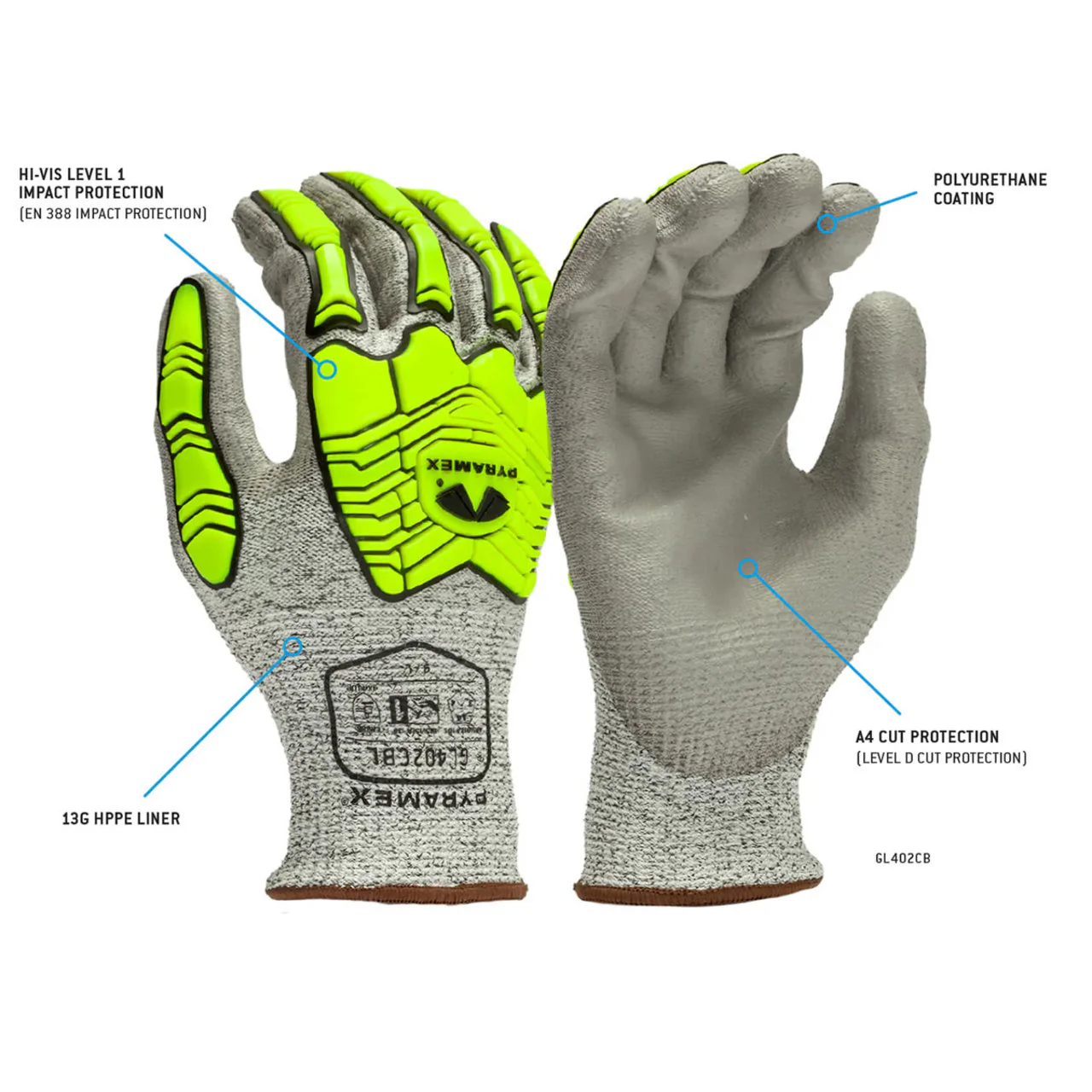 Pyramex GL402CB A4 Cut Polyurethane Dipped Level 1 Impact Gloves, Grey/Hi-Vis Lime - Image 4
