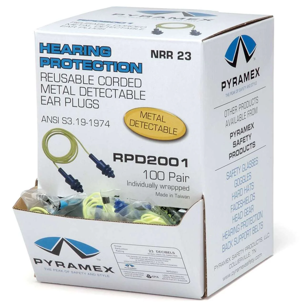 Pyramex RPD2001 NRR 25dB Metal Detectable Reusable Corded Earplugs, 100 Pair, Blue - Image 2