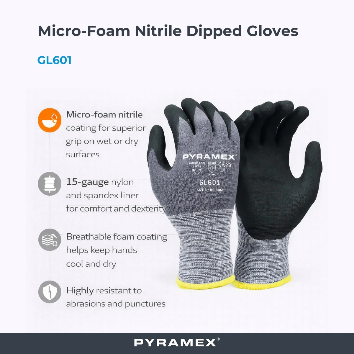 Pyramex GL601 Micro-Foam Nitrile Dipped Gloves, Gray - Image 2