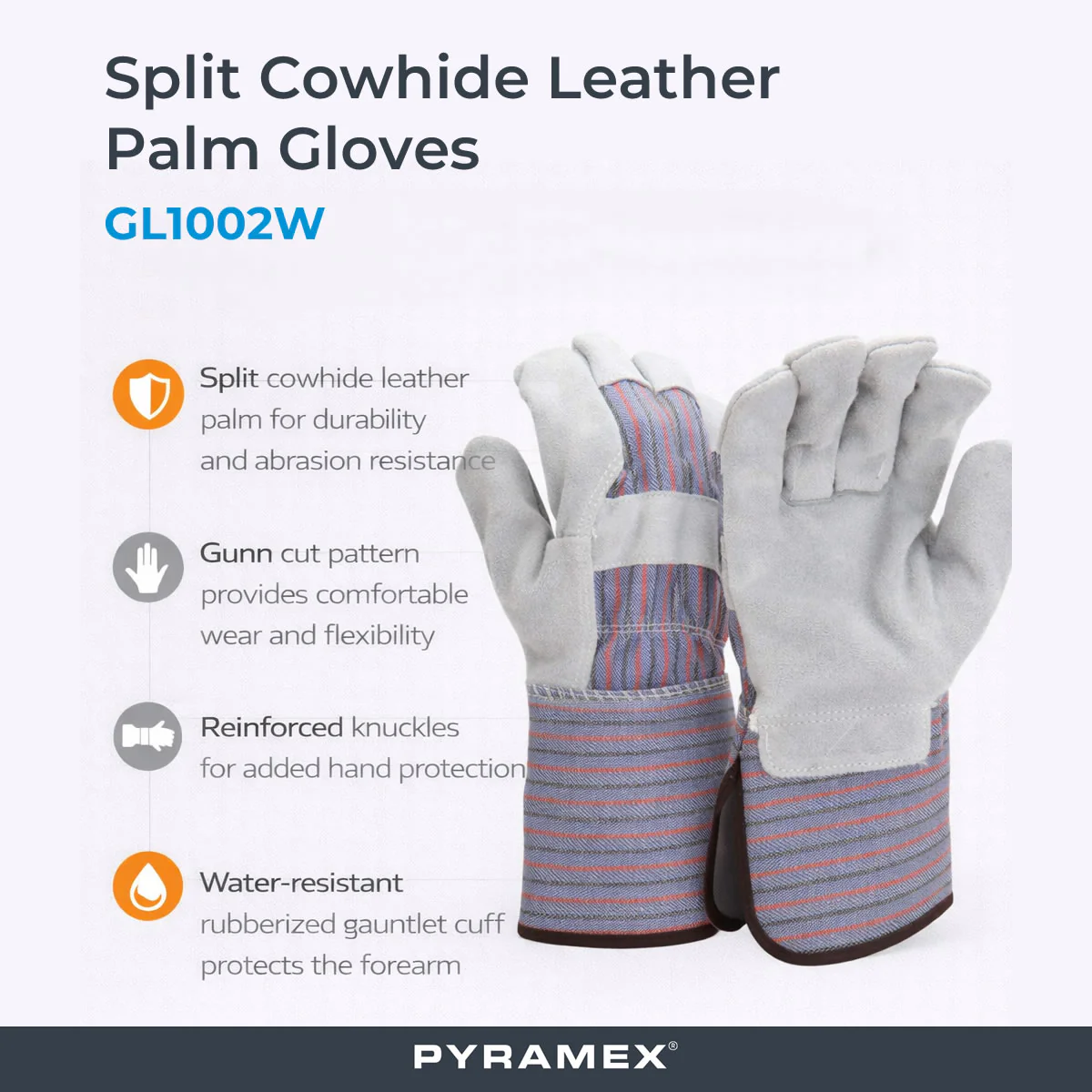 Pyramex Safety GL1002W Split Cowhide Leather Palm Gloves, Gray - Image 3