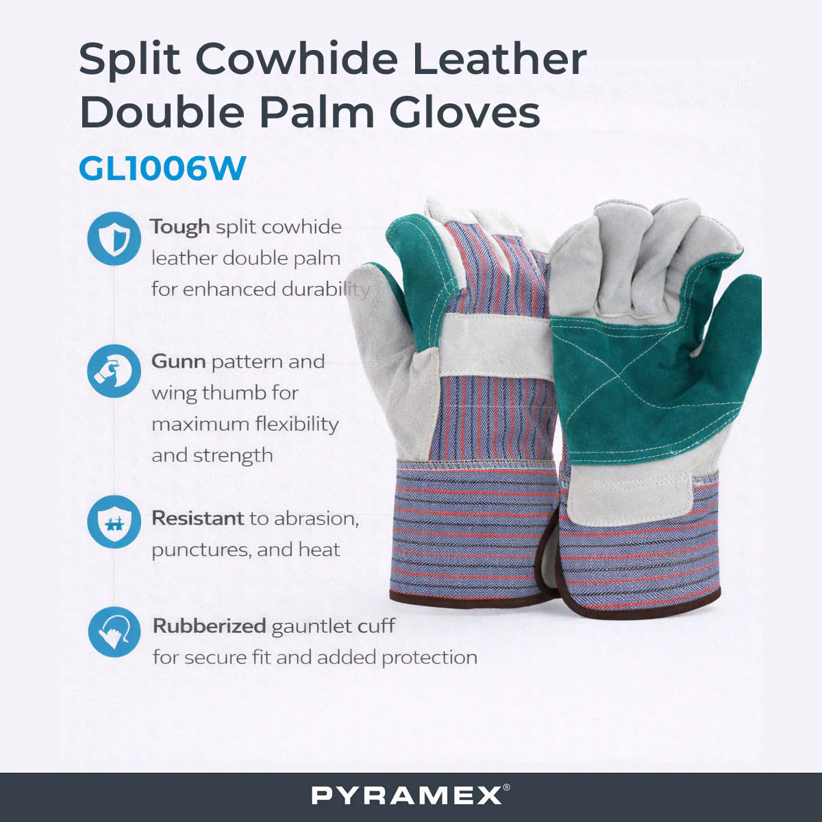 Pyramex Safety GL1006W Split Cowhide Leather Double Palm Gloves, Gray - Image 3