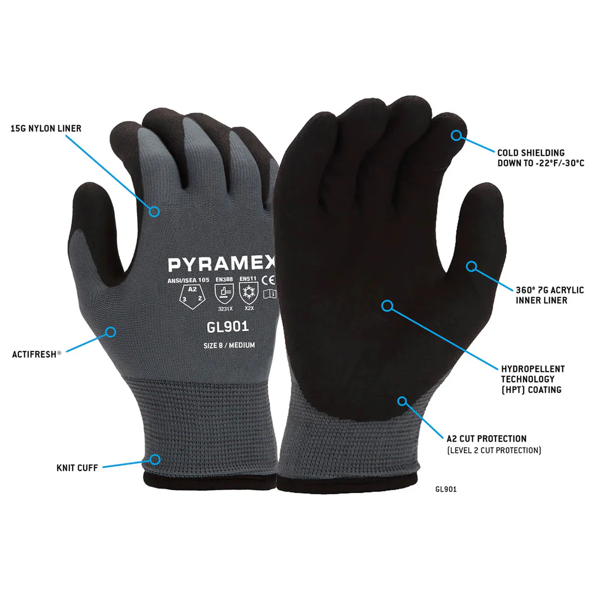 Pyramex Safety GL901 Insulated A2 Cut HPT Dipped Gloves, Gray - Image 2
