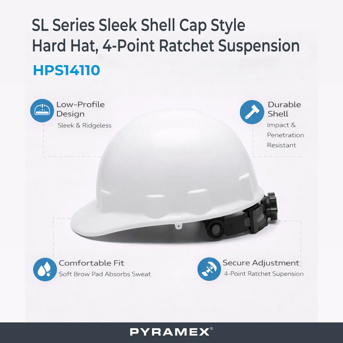 Pyramex SL Series Sleek Shell Cap Style Hard Hat, 4-Point Ratchet Suspension - Image 5
